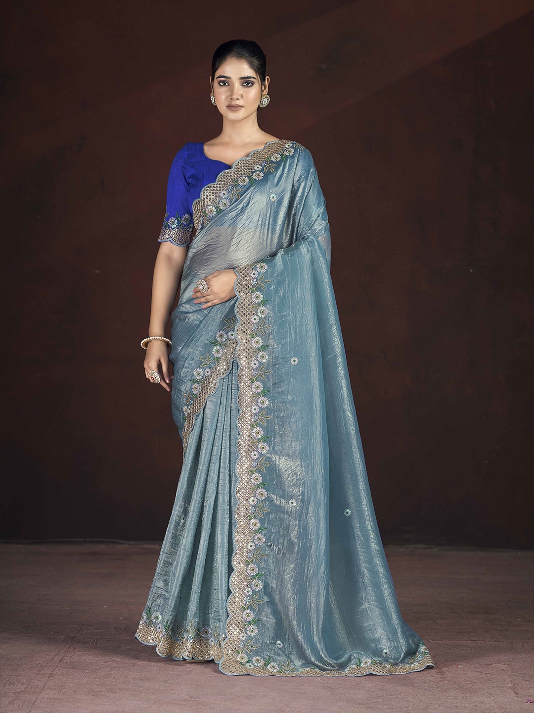 

Ethnielle Organza Silk Thread And Sequence Embellished Saree, Turquoise blue