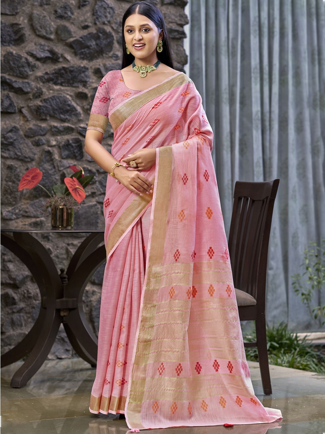 

SANGAM PRINTS Woven Design Linen Blend Designer Tussar Saree, Pink