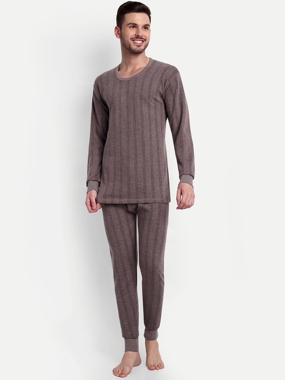 

ZEFFIT Men Striped Snug Fit Cotton Thermal Set, Brown