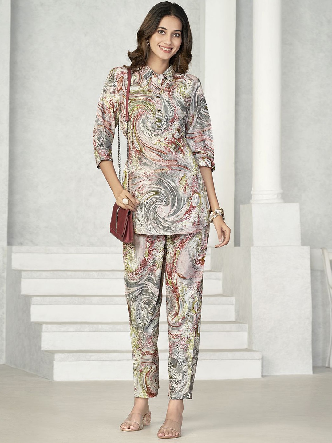 

all about you Shirt Collar Printed Top With Trousers, Grey