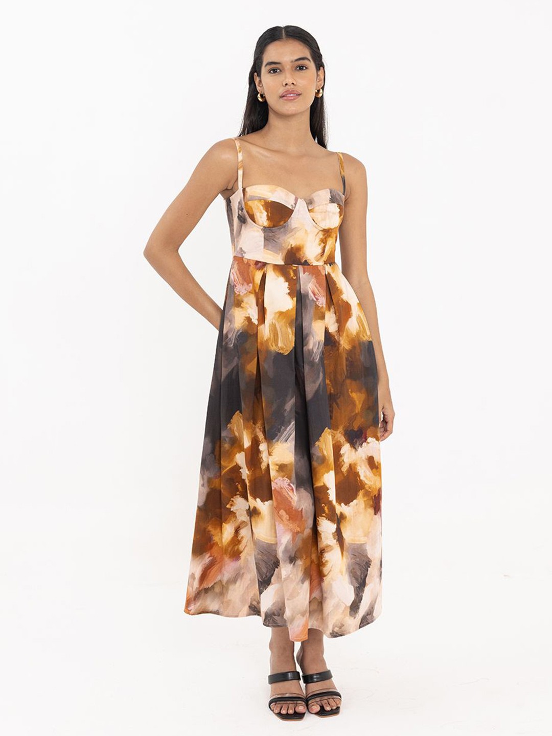 

THR3Letter Print Fit & Flare Maxi Dress, Brown
