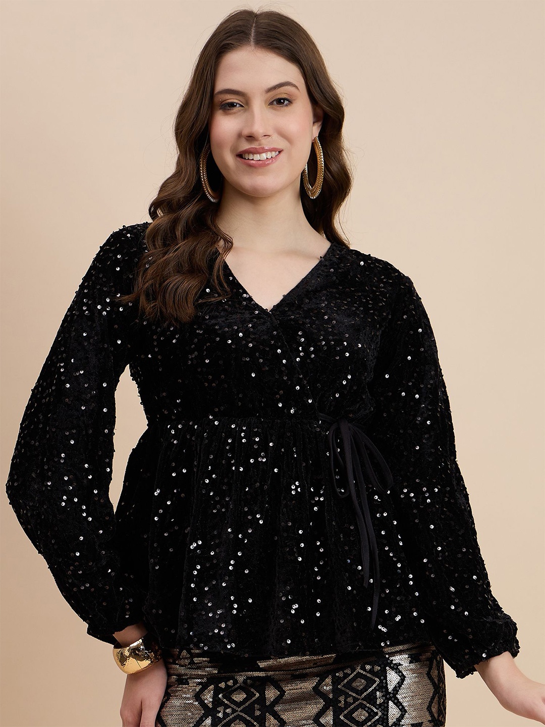 

DRAPE AND DAZZLE Embellished Puff Sleeve Velvet Empire Top, Black