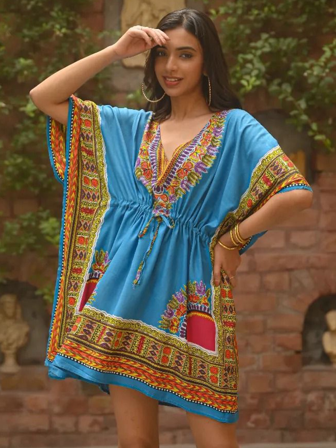 

Aditi Wasan Floral Print Bell Sleeve Kaftan Mini Dress, Blue