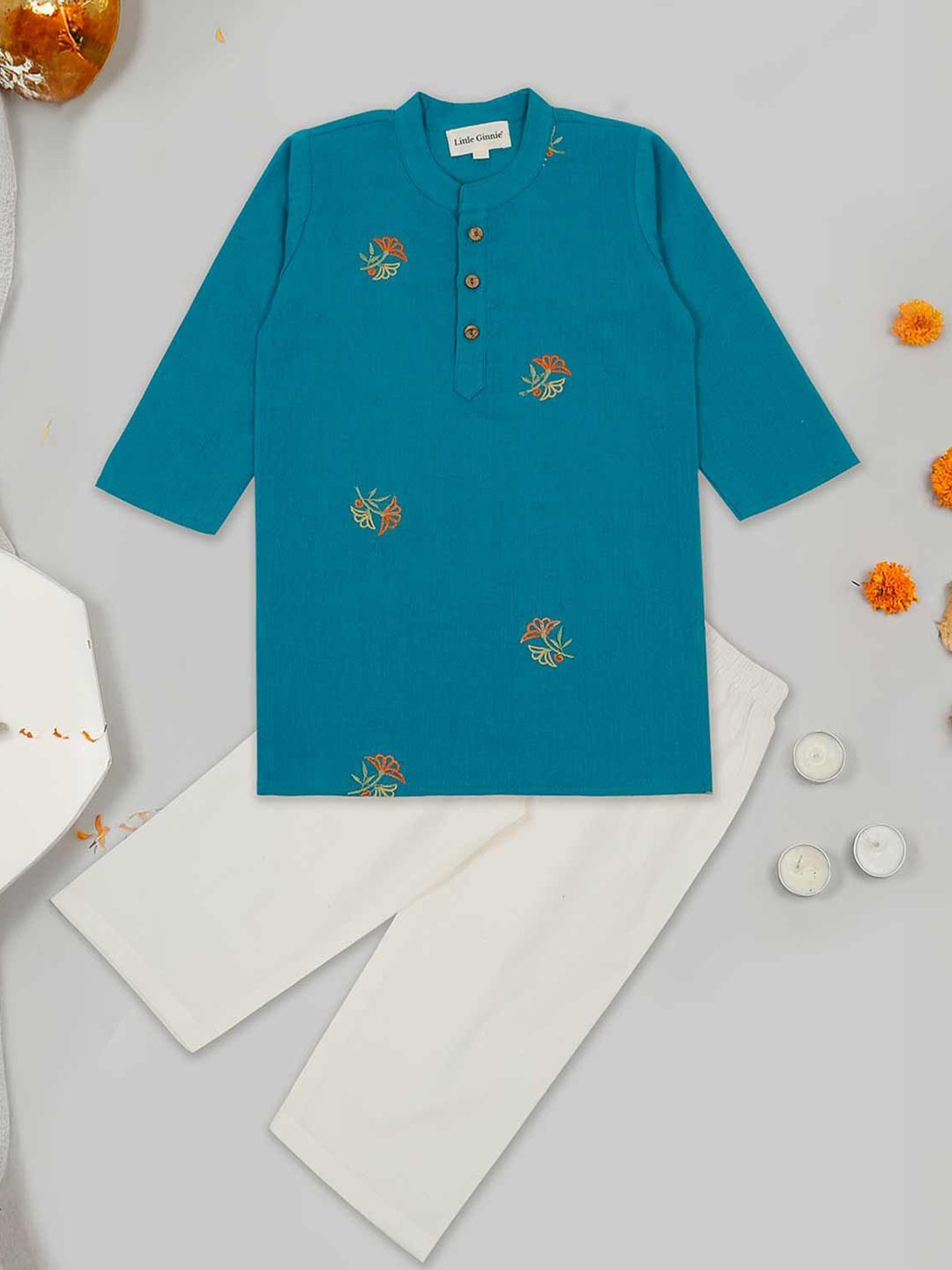 

LITTLE GINNIE Boys Embroidered Regular Pure Cotton Kurta with Pyjamas, Blue