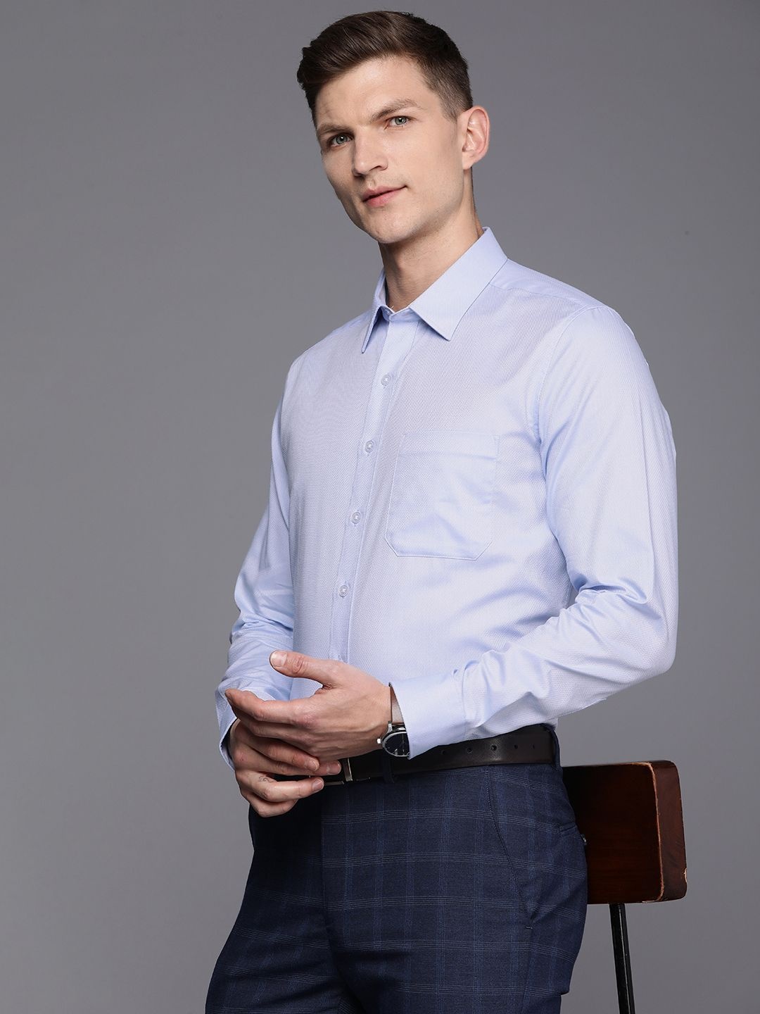 

Louis Philippe Pure Cotton Self Design Slim Fit Formal Shirt, Blue