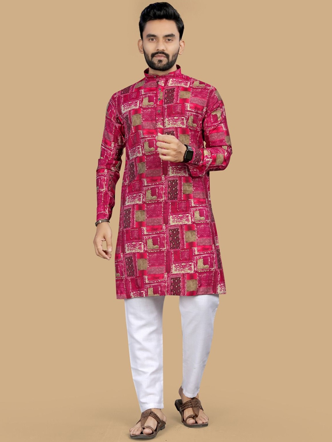 

BAESD Men Ethnic Motifs Printed Thread Work Kurta, Pink