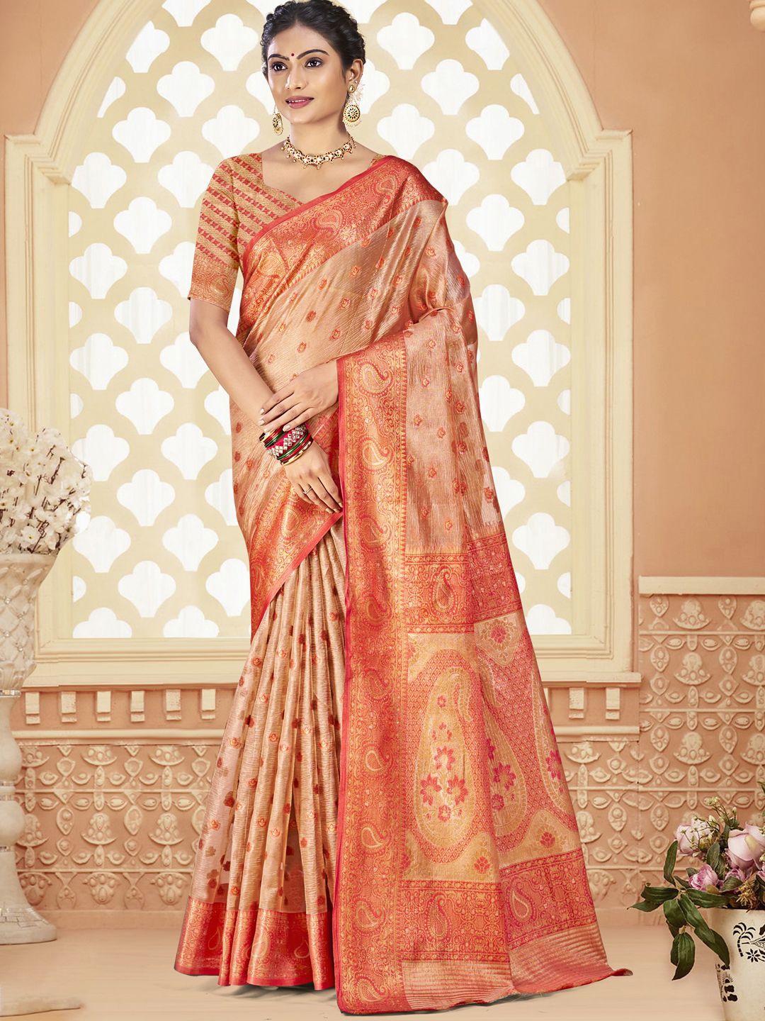 

SANGAM PRINTS Woven Design Zari Silk Blend Tussar Saree, Peach