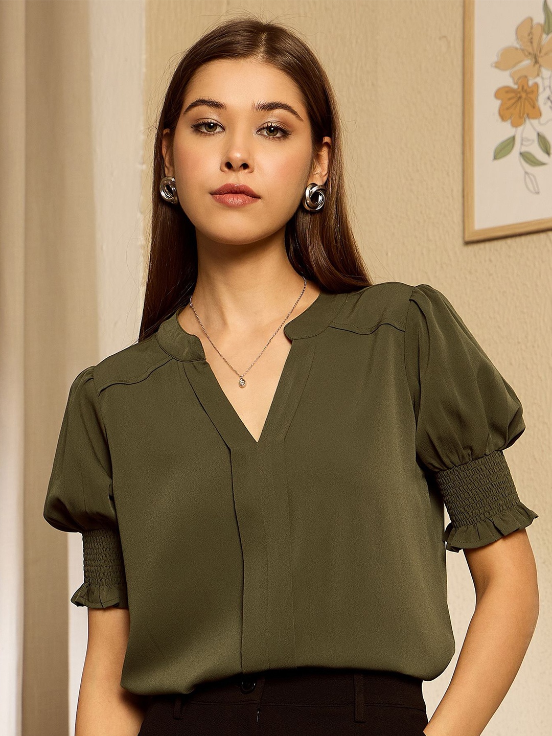 

Berrylush BIZwear Puff Sleeve Top, Olive