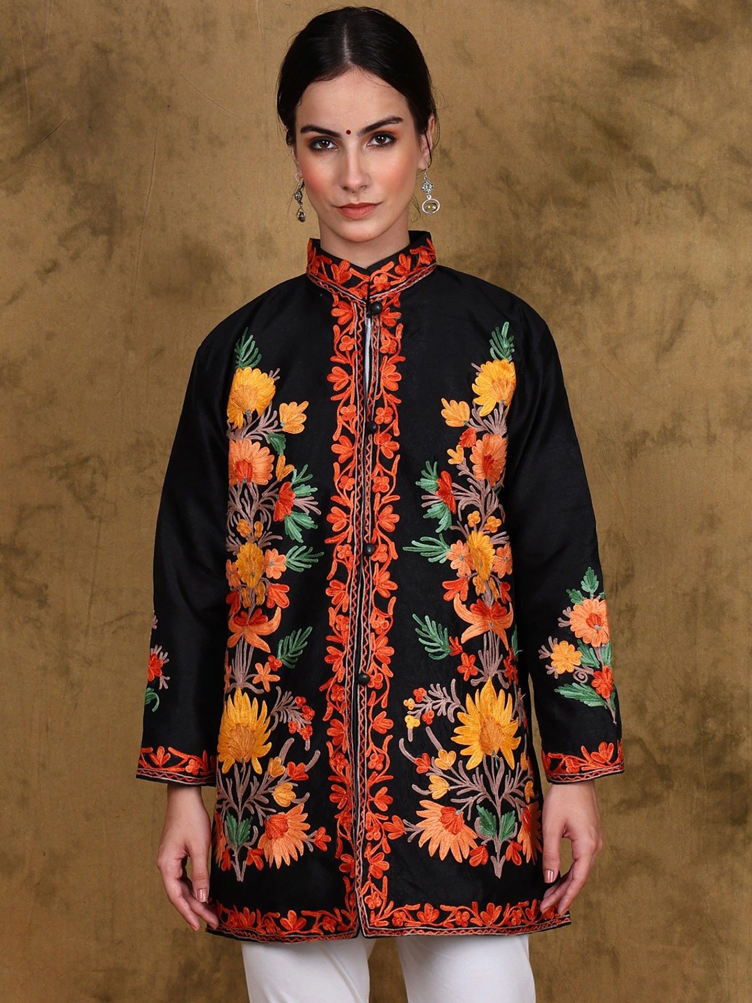 

Exotic India Women Floral Sporty Jacket with Embroidered, Black