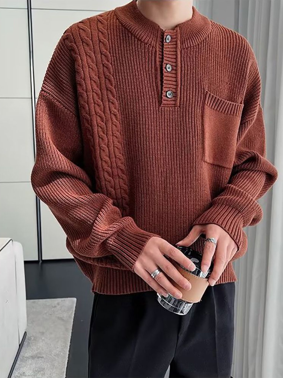 

StyleCast x Revolte Men Cable Knit Pullover, Brown