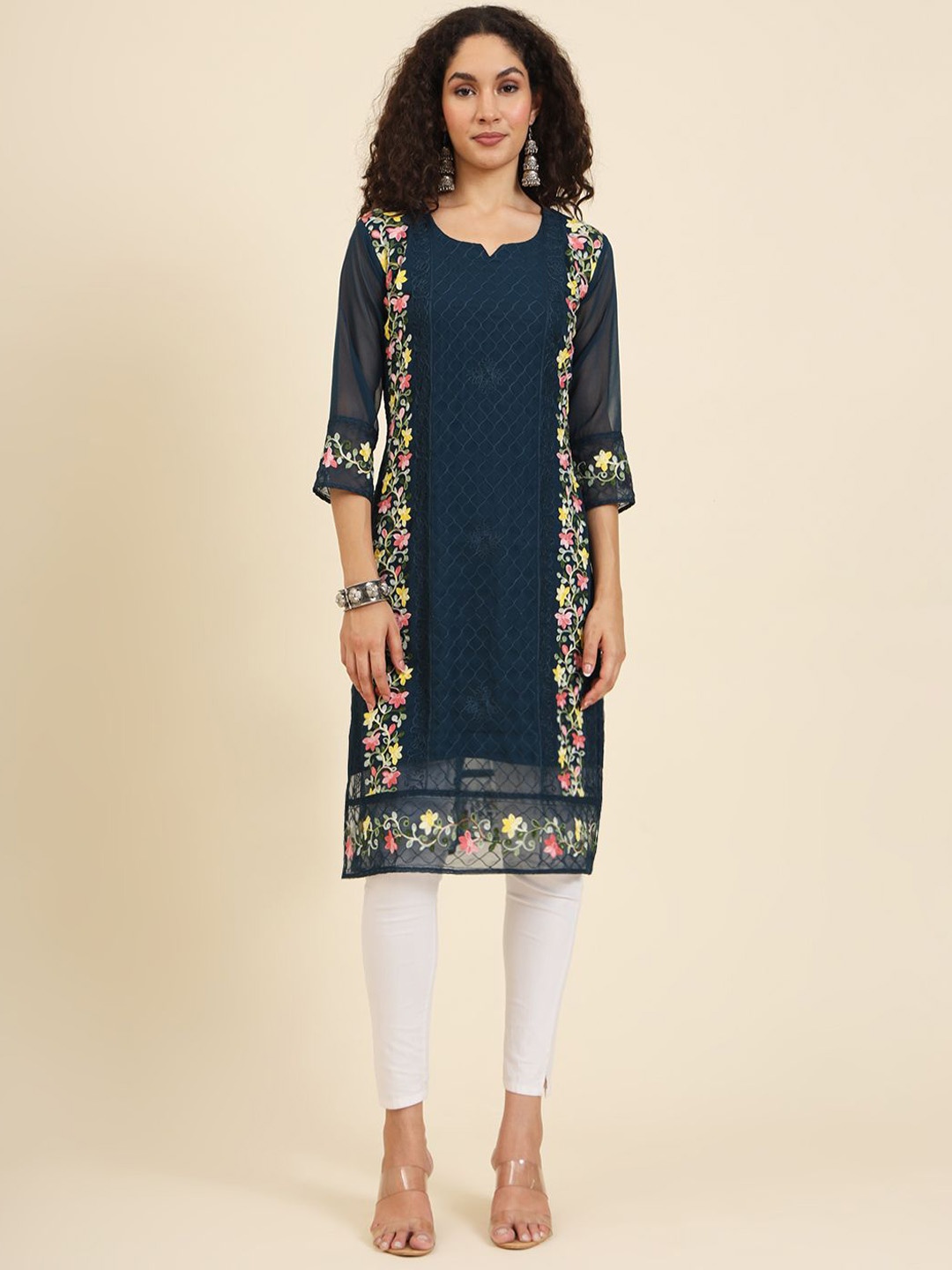 

HERE&NOW Women Floral Embroidered Thread Work Georgette Kurta, Teal