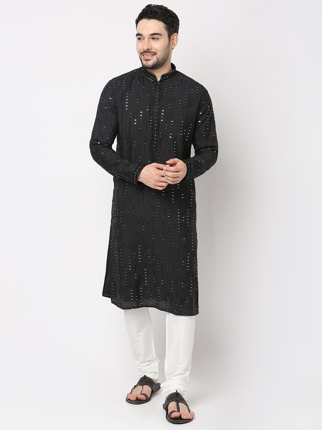 

Ethnicity Men Embroidered Regular Mirror Work Kurta with Churidar, Black