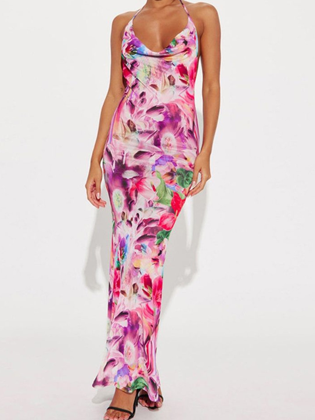 

LULU & SKY Women Floral Print Halter Neck Maxi Dress, Purple
