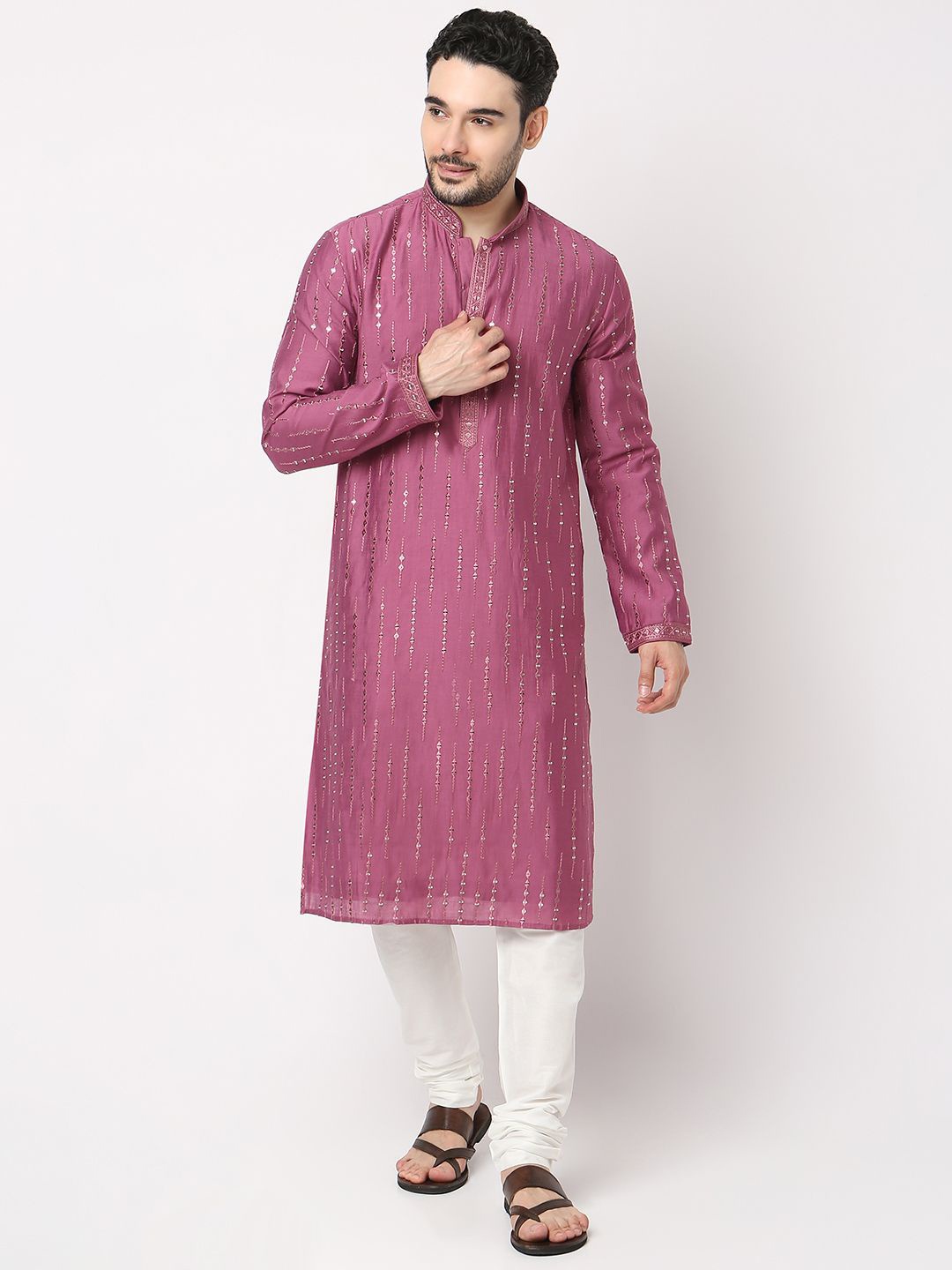 

Ethnicity Men Embroidered Regular Kurta with Trousers, Purple