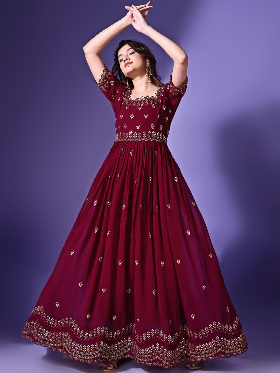

Fashionuma Women Ethnic Motifs Embroidered Mirror Work Georgette Kurta, Maroon