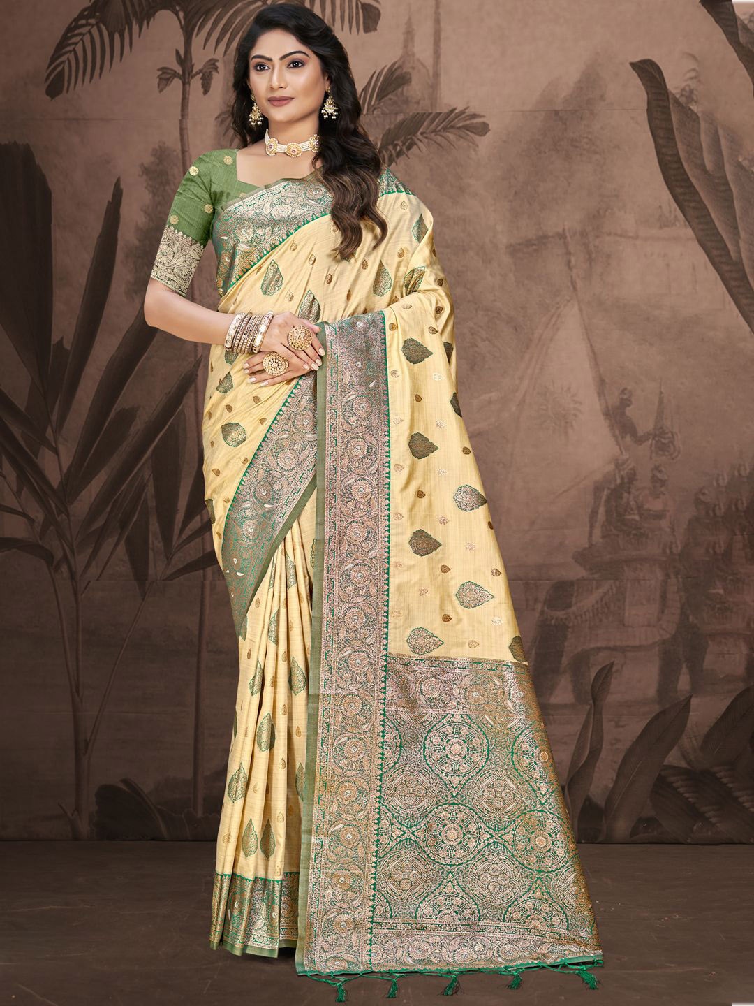 

SANGAM PRINTS Woven Design Zari Silk Blend Tussar Saree, Beige