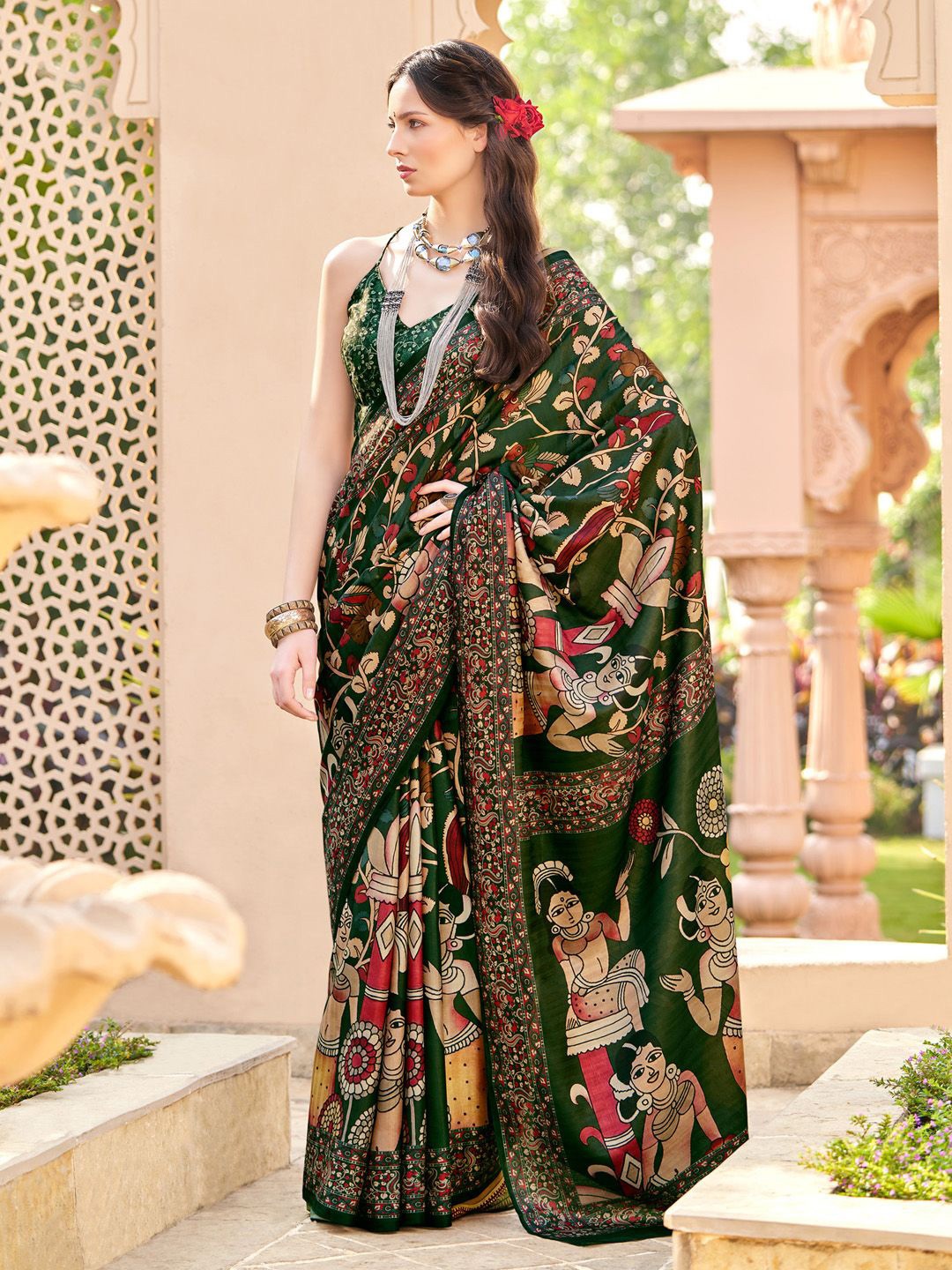 

Saree mall Kalamkari Silk Blend Designer Baluchari Sarees, Green