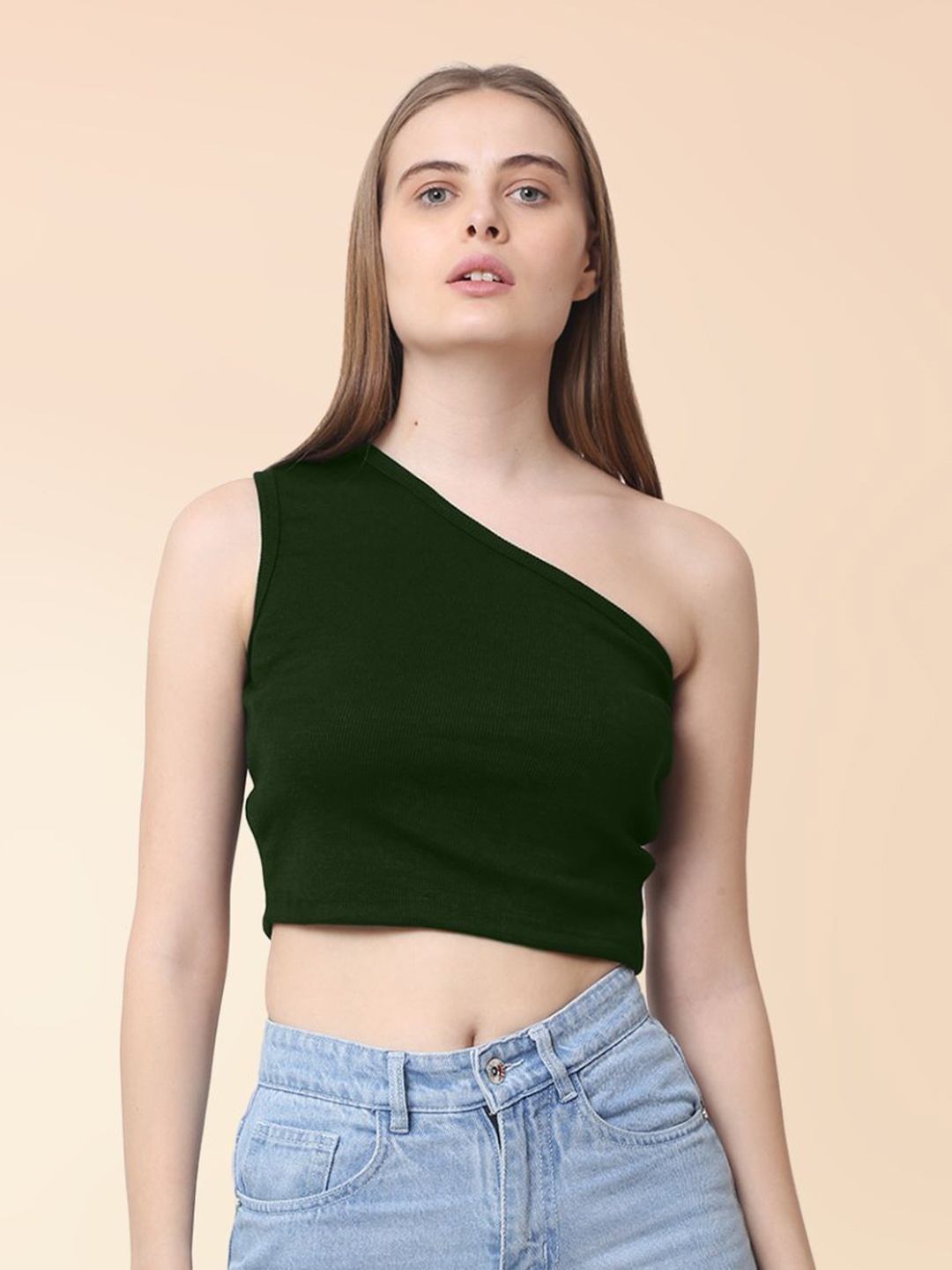 

CareDone Women One Shoulder Sleeveless Casual Crop Top, Olive