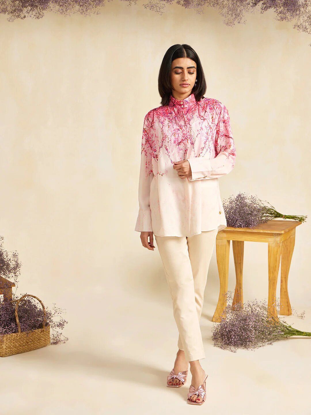 

all about you Embellished Print Mandarin Collar Shirt Style Top, Pink