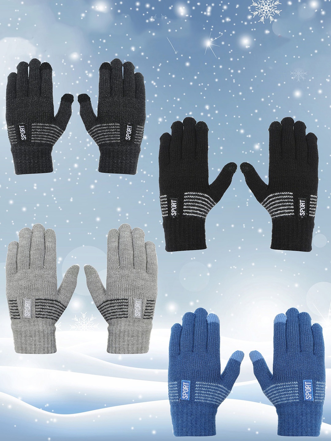 

FabSeasons Kids Pack of 4 Striped Winter Gloves, Grey