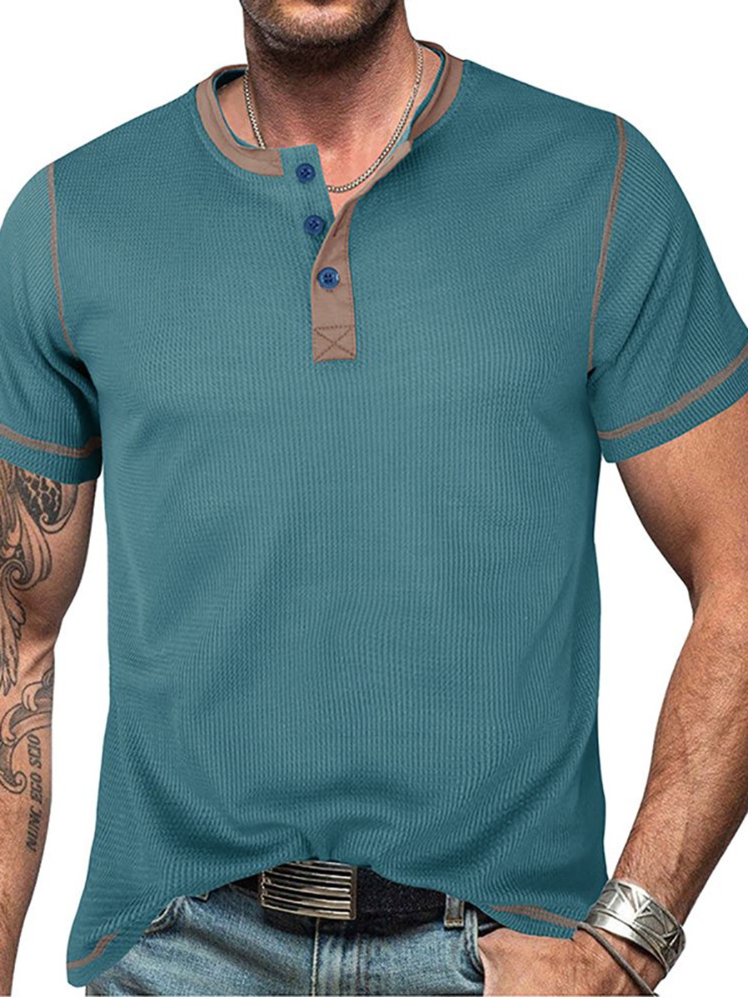 

StyleCast x Revolte Men Mandarin Collar T-shirt, Blue
