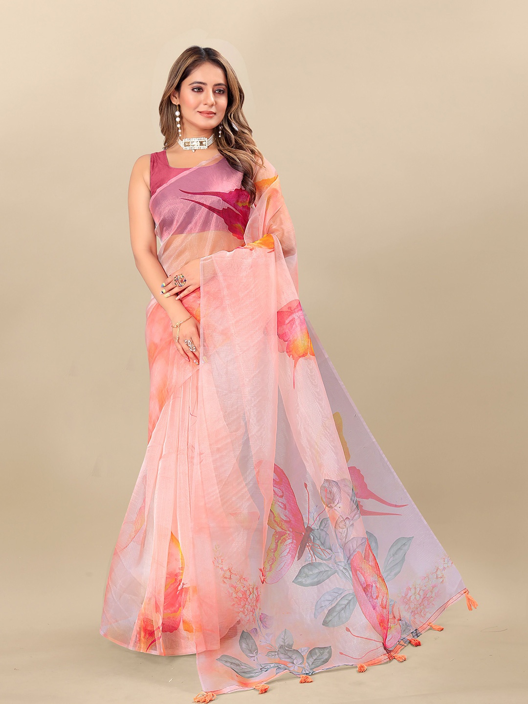 

Anouk Women Floral Printed Organza Saree, Peach