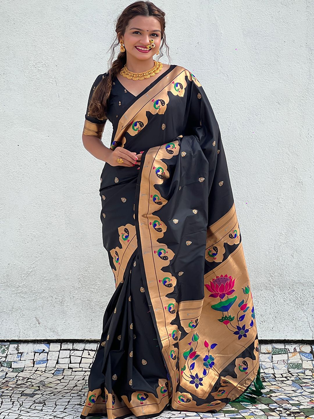 

Mitera Woven Design Zari Silk Blend Paithani Saree, Black