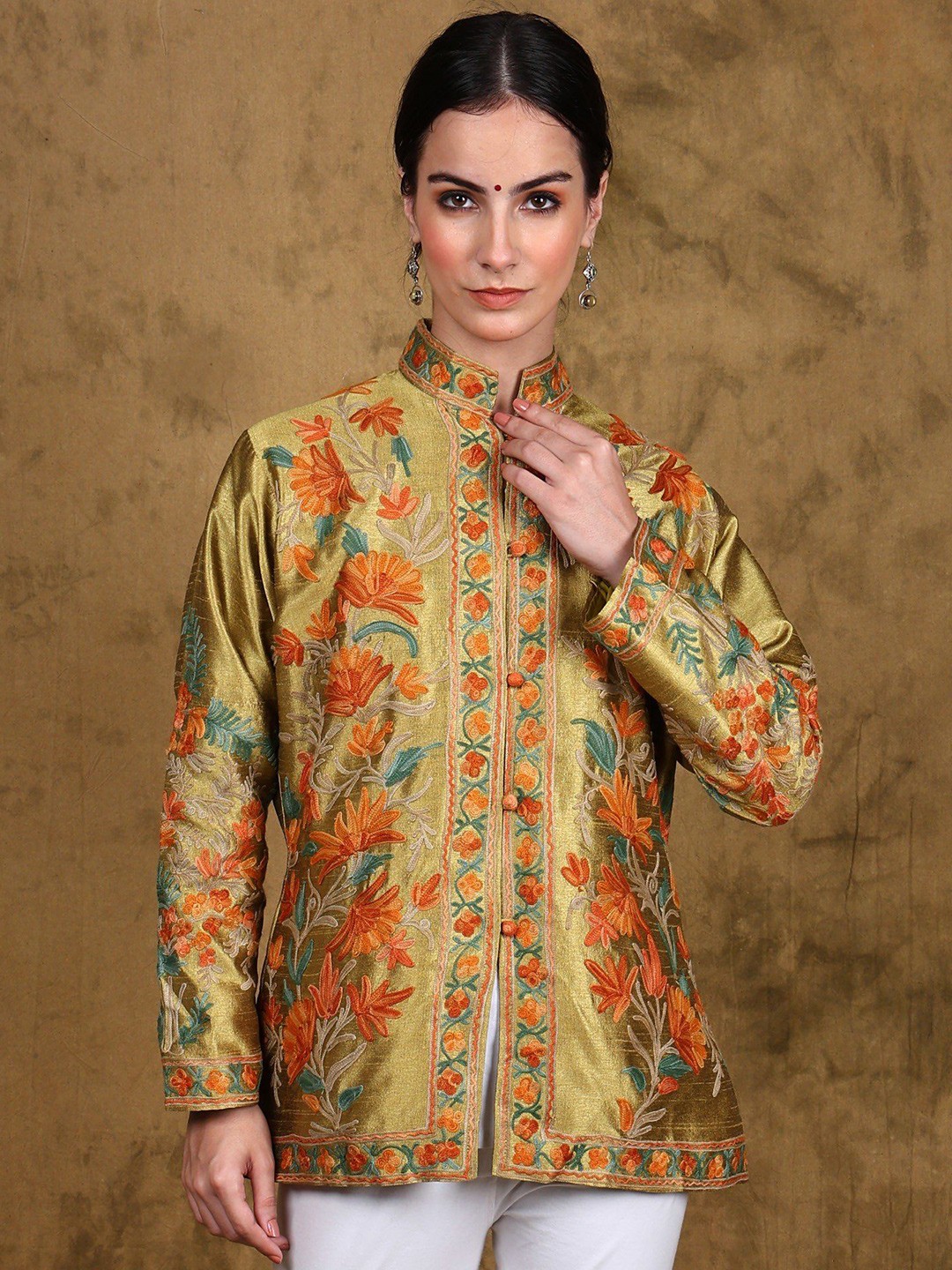 

Exotic India Women Floral Tailored Jacket with Embroidered, Green