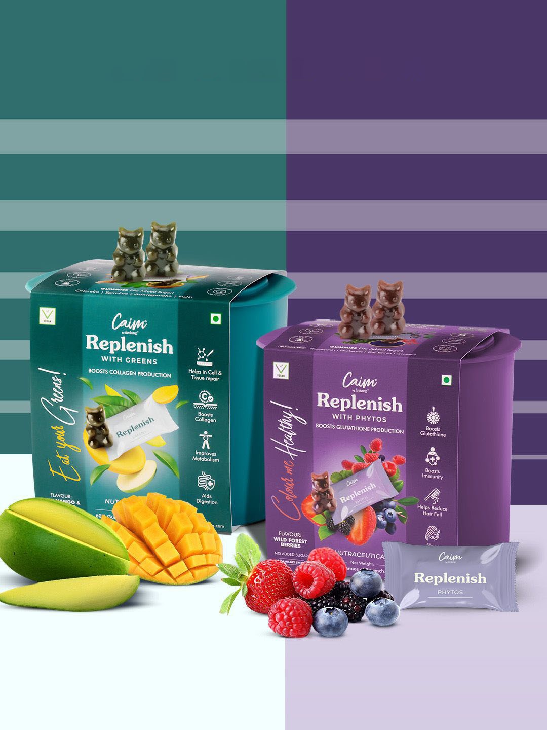 

Caim by arelang Set Of 2 Replenish With Greens & Phytos Gummies - 60 Gummies Each, Purple