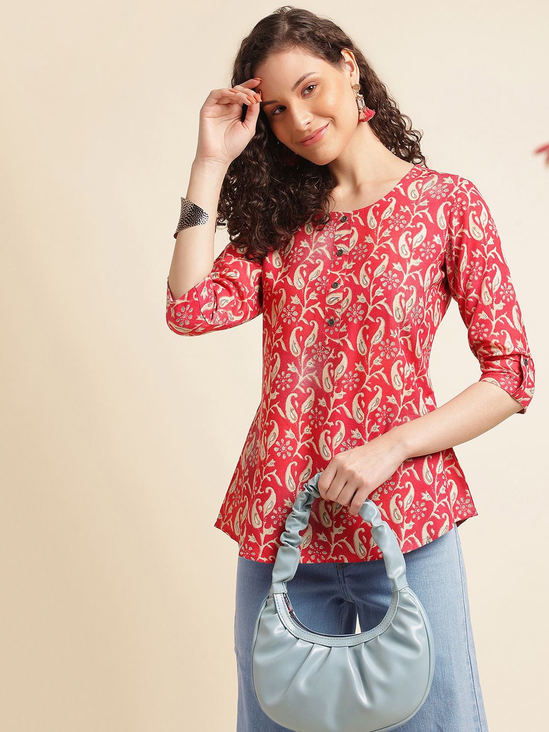 

all about you Embellished Print Roll-Up Sleeves Top, Red