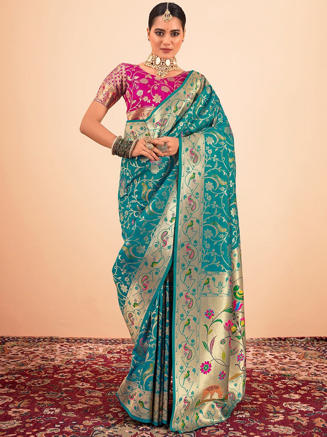 

Satrani Woven Design Zari Pure Silk Paithani Saree, Turquoise blue