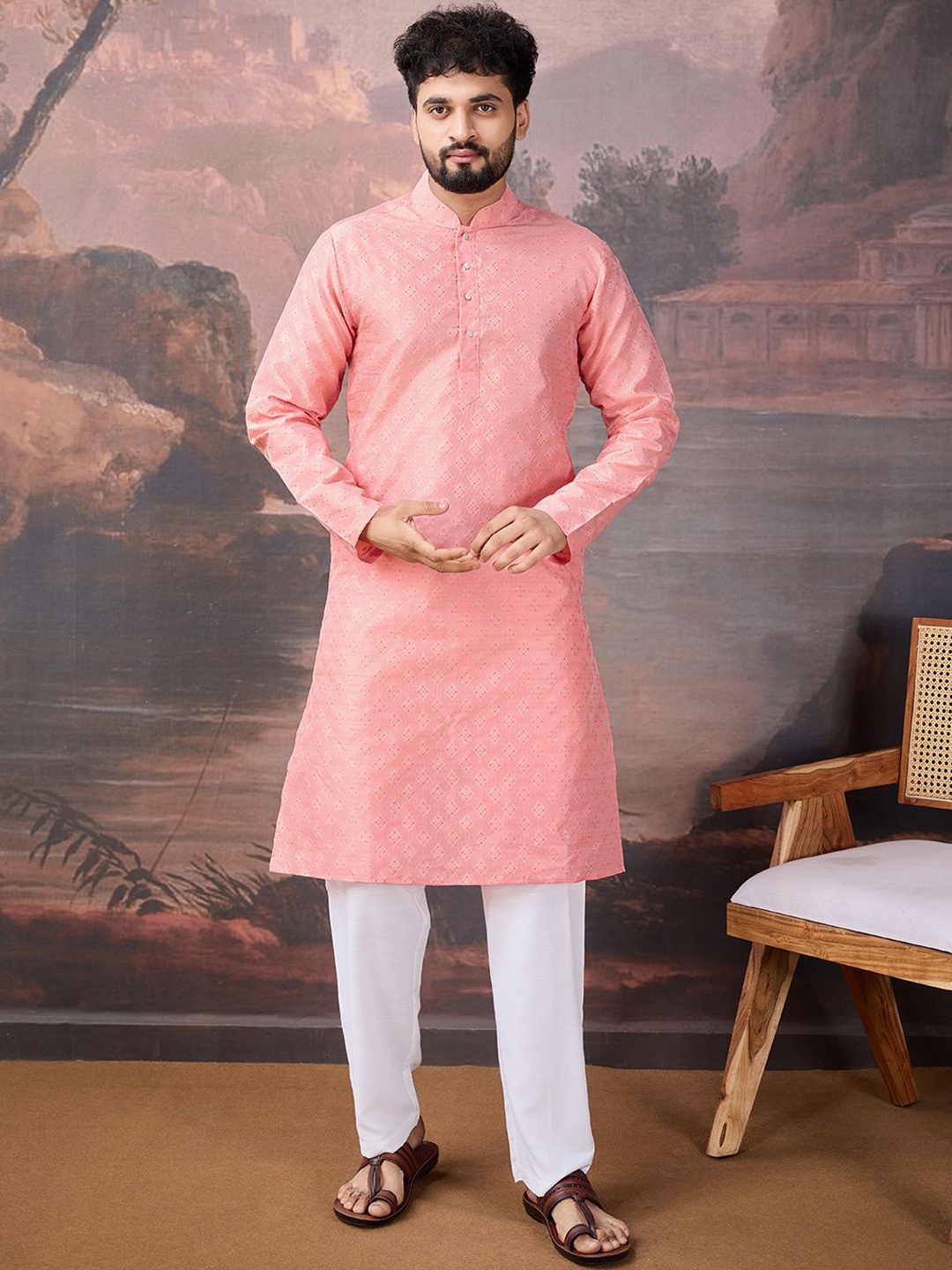 

House of Pataudi Mandarin Collar Straight Kurta, Peach