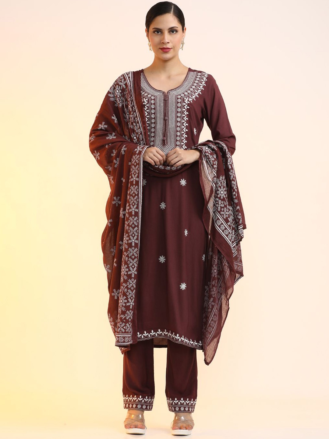 

Jaipur Kurti Women Floral Embroidered Regular Thread Work Kurta with Trousers & With Dupatta, Brown