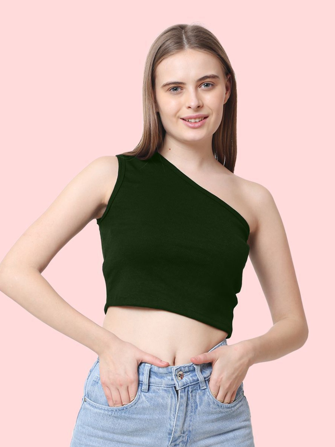

CareDone Women One Shoulder Sleeveless Casual Crop Top, Olive