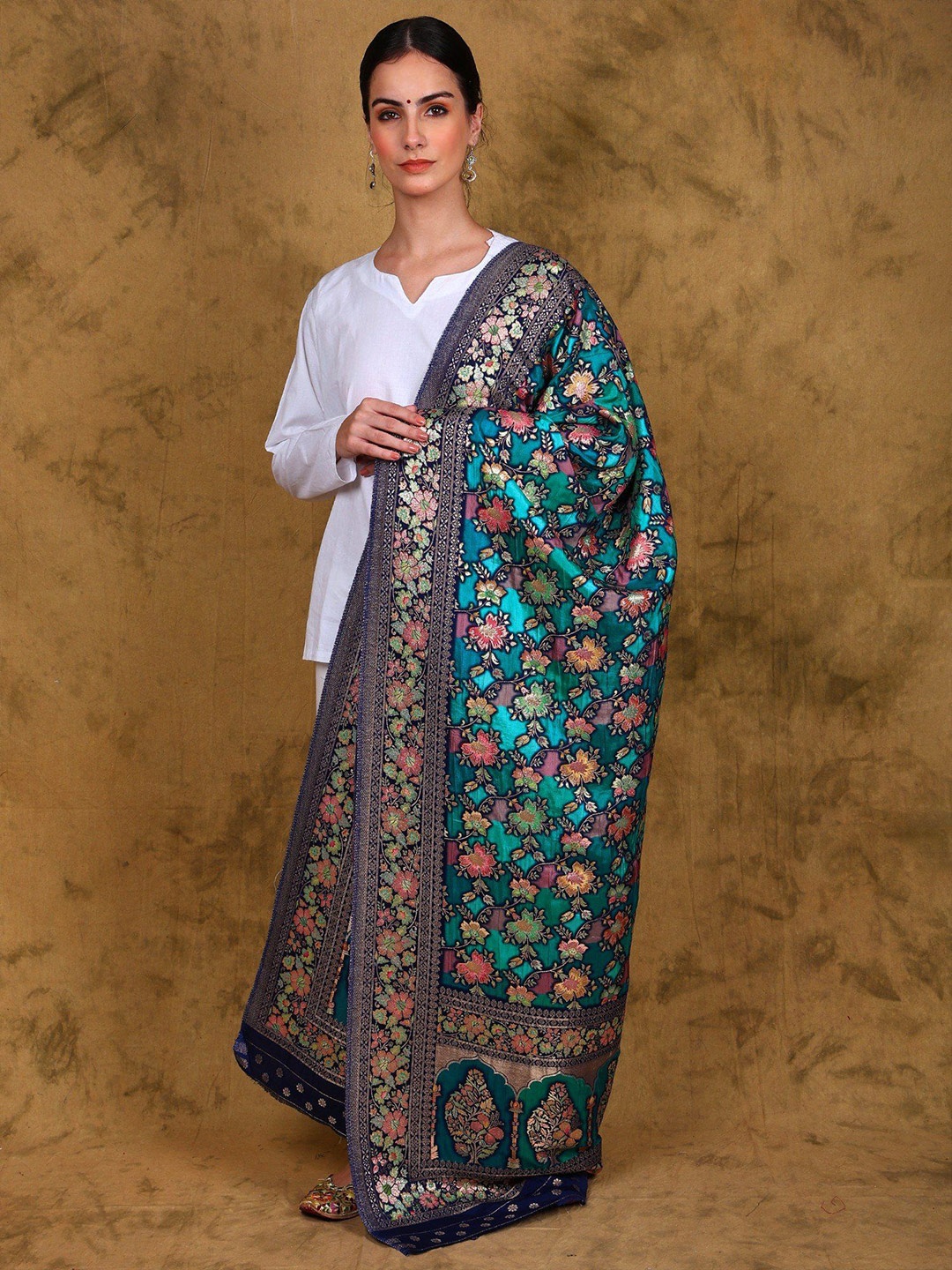 

Exotic India Art Silk Dupatta with Zari Woven Hibiscus Floral Jaal, Blue