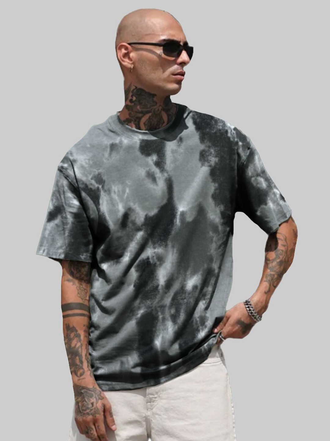 

Leotude Men Tie and Dye Dyed Drop-Shoulder Sleeves Pockets T-shirt, Grey