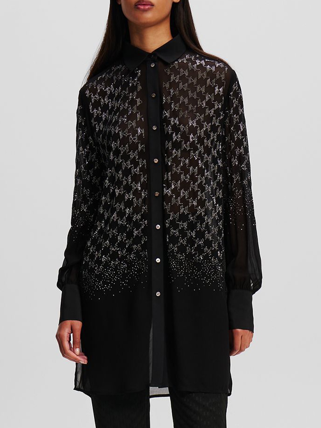

Karl Lagerfeld Women Spread Collar Solid Casual Shirt, Black