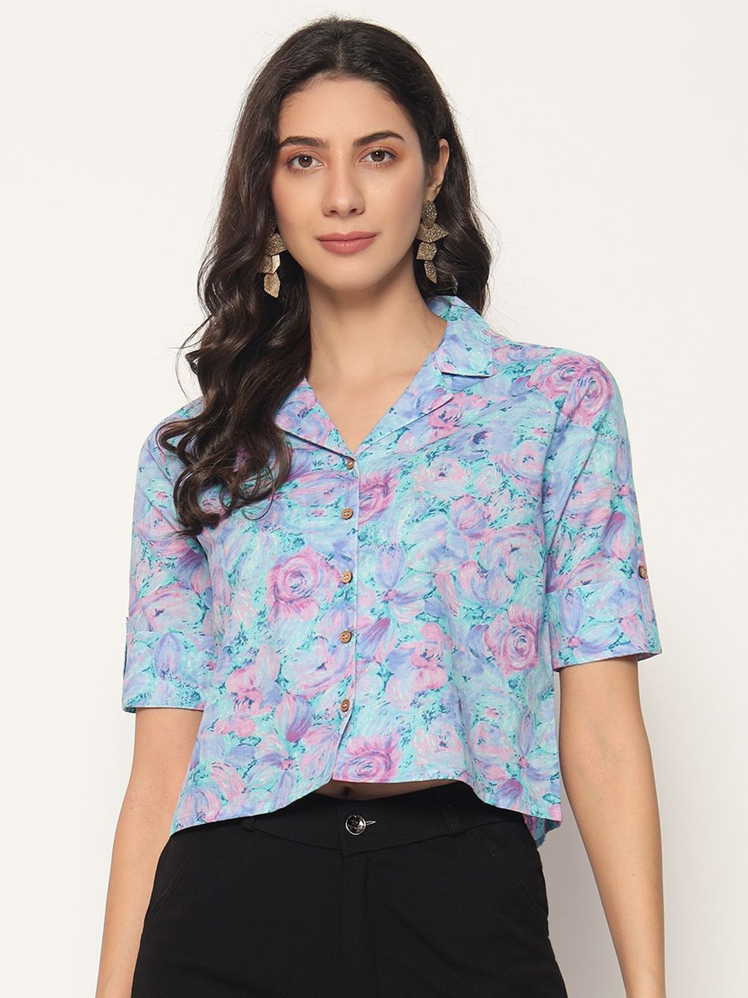 

PIDAVLIYA'S Floral Print Cotton Shirt Style Top, Blue