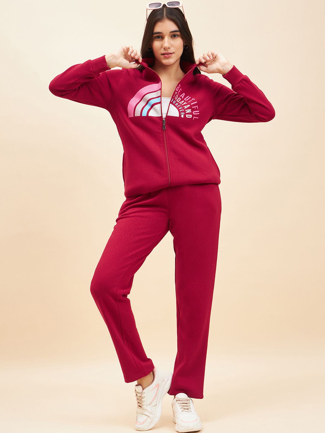 

July Printed High Neck Sweatshirt With Trousers Co-Ords Set, Maroon