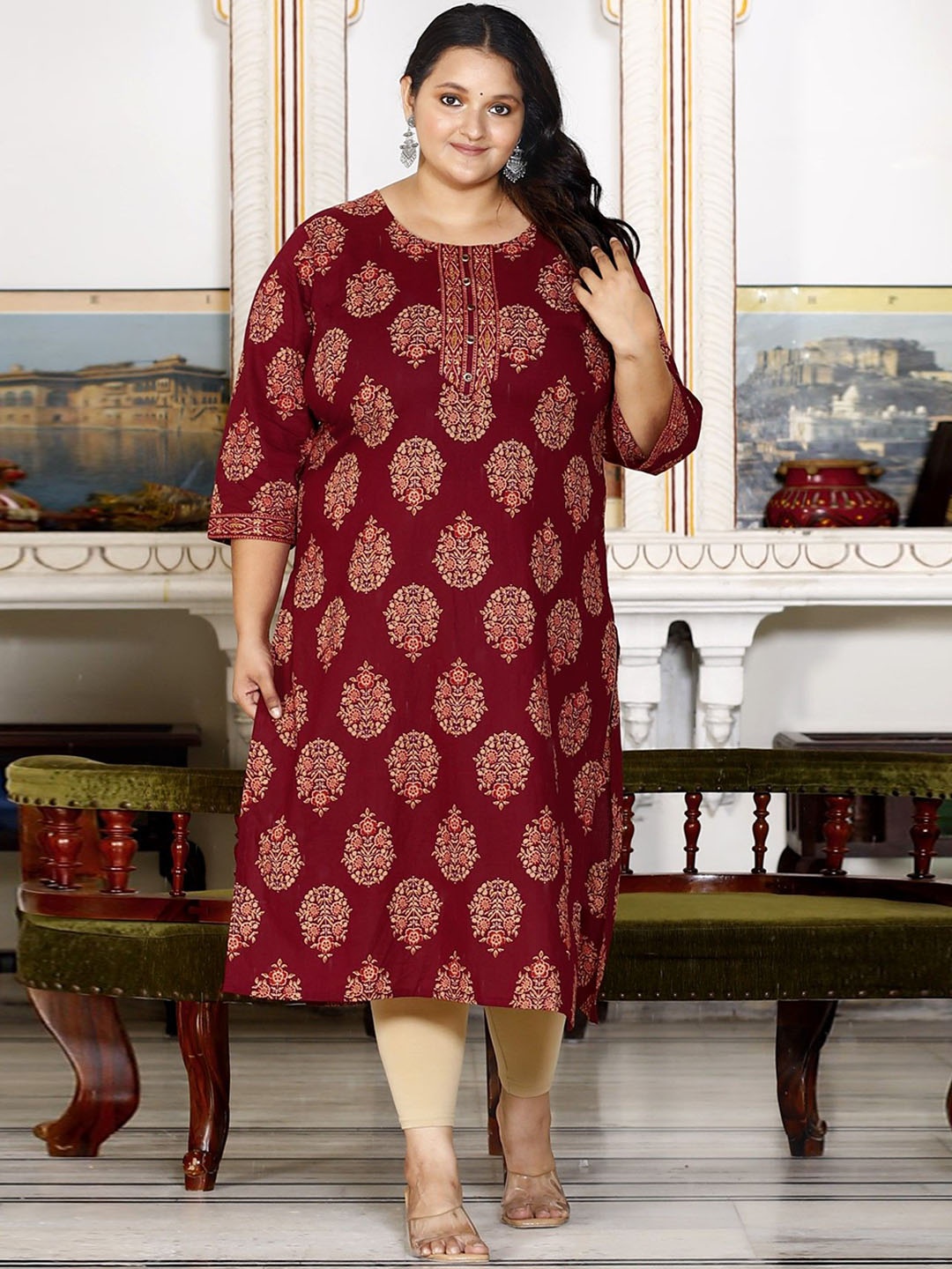 

KALINI Women Floral Printed Floral Kurta, Brown