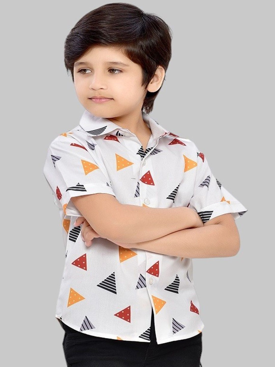 

BAESD Boys Comfort Spread Collar Geometric Printed Cotton Casual Shirt, White