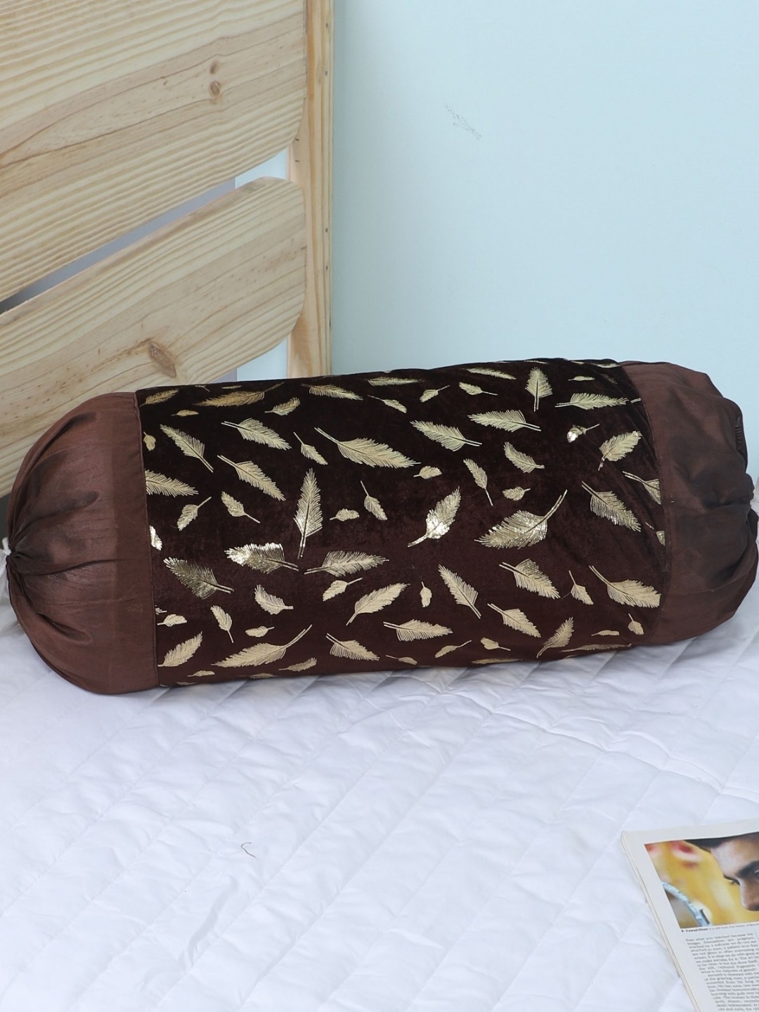 

MFD HOME FURNISHING Brown & Yellow Printed Velvet Bolster Cover