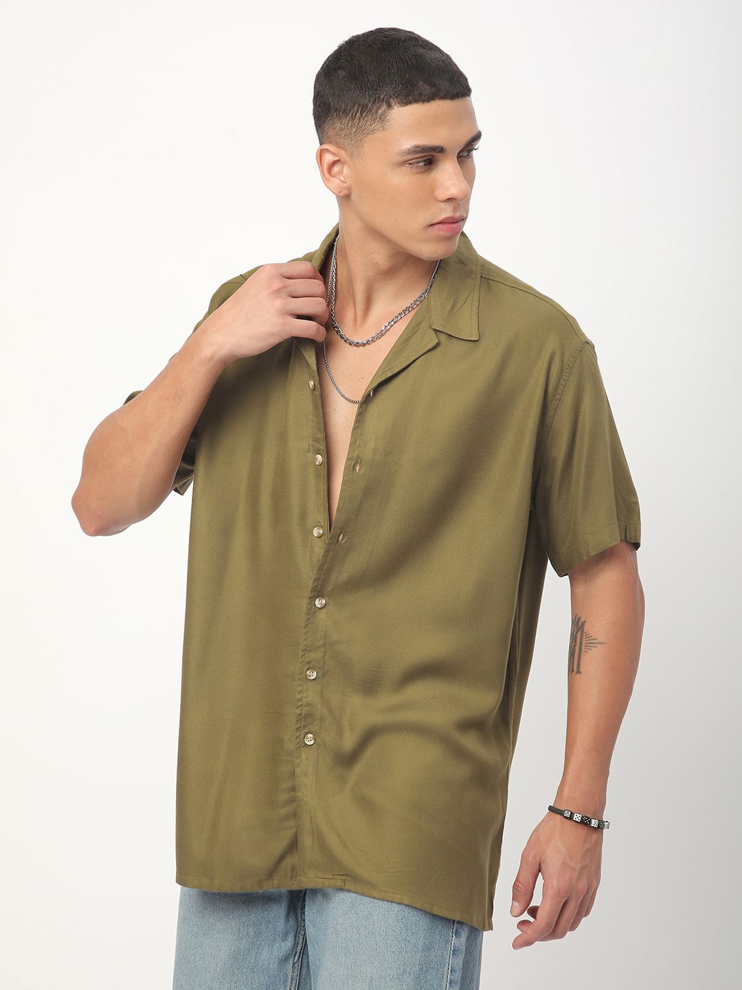 

VASTRADO Men Classic Lapel Collar Solid Oversized Casual Shirt, Olive