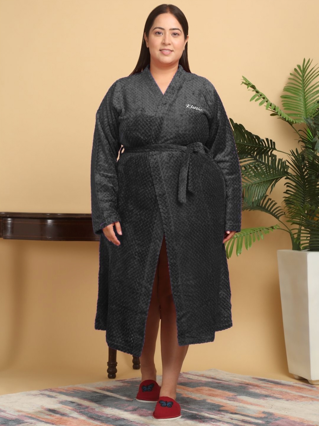 

KLOTTHE Women Plus Size Self Design Woollen Bath Robe With Belt, Black