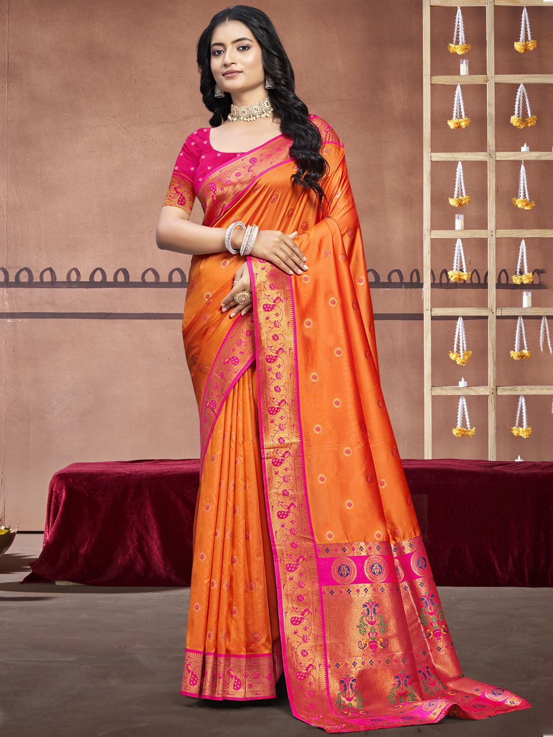 

SANGAM PRINTS Woven Design Zari Silk Blend Tussar Saree, Orange