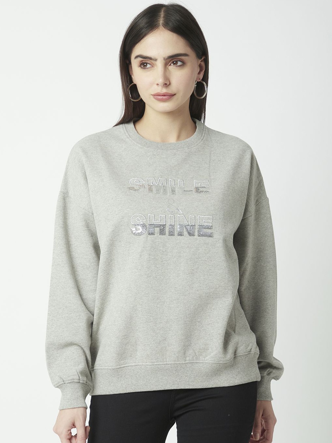 

R&B Women Printed Long Sleeves Pullover Sweatshirt, Grey