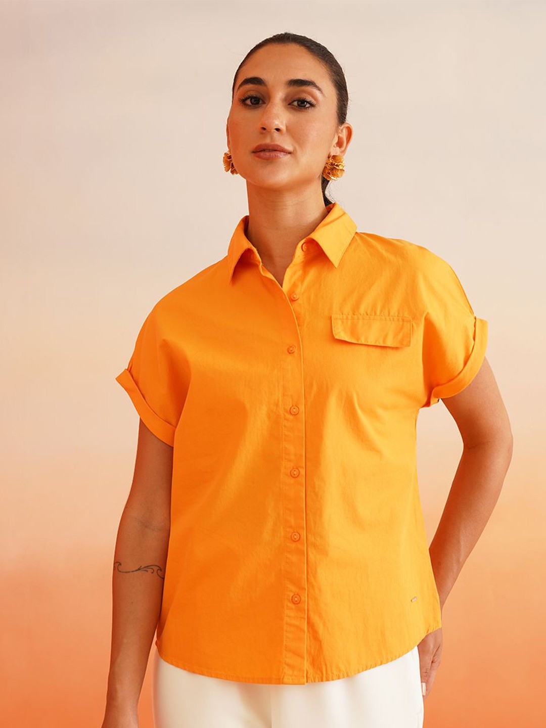 

Beatnik Women Classic Spread Collar Solid Cotton Casual Shirt, Orange