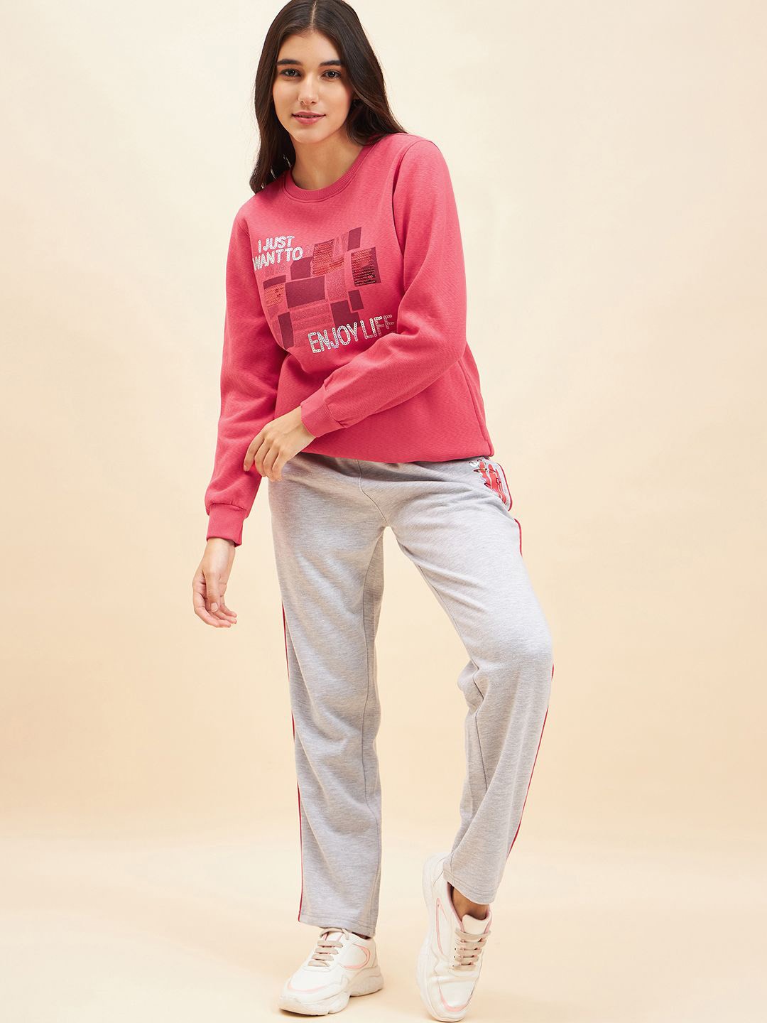 

July Printed Round Neck Long Sleeves Sweatshirt With Trouser, Grey