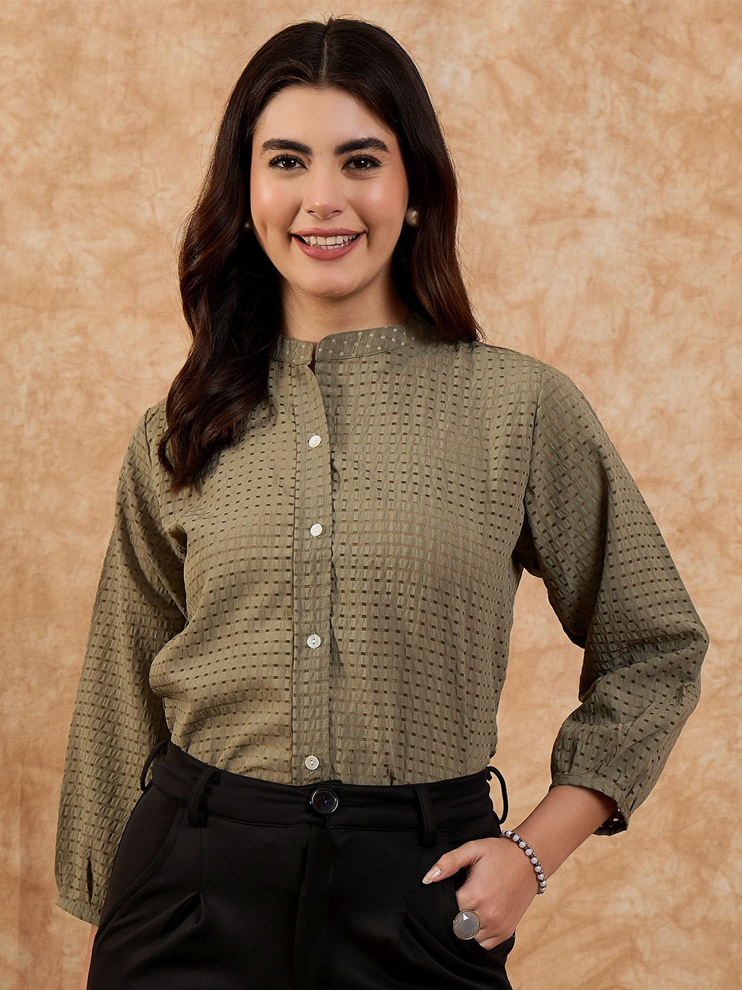 

Anouk Women Geometric Self Design Mandarin Collar Casual Shirt, Olive