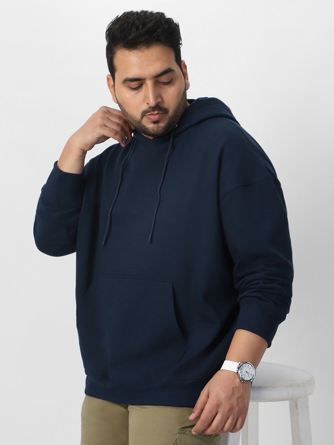 

Urbano Plus Men Plus Size Cotton Solid Oversized Hooded Neck Pullover Sweatshirt, Navy blue